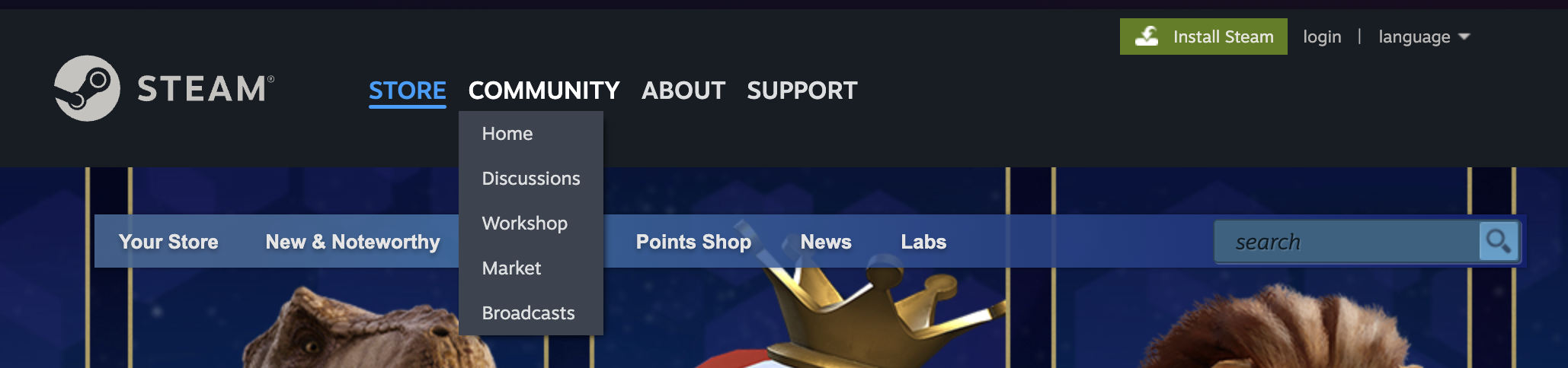 Steam global navigation bar showing the community dropdown menu